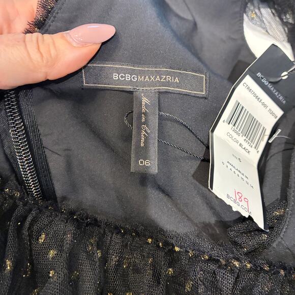 NWT BCBGMAXAZRIA Black Gold Metallic Tiered One Shoulder Mini Dress Sz 6 - Picture 6 of 12